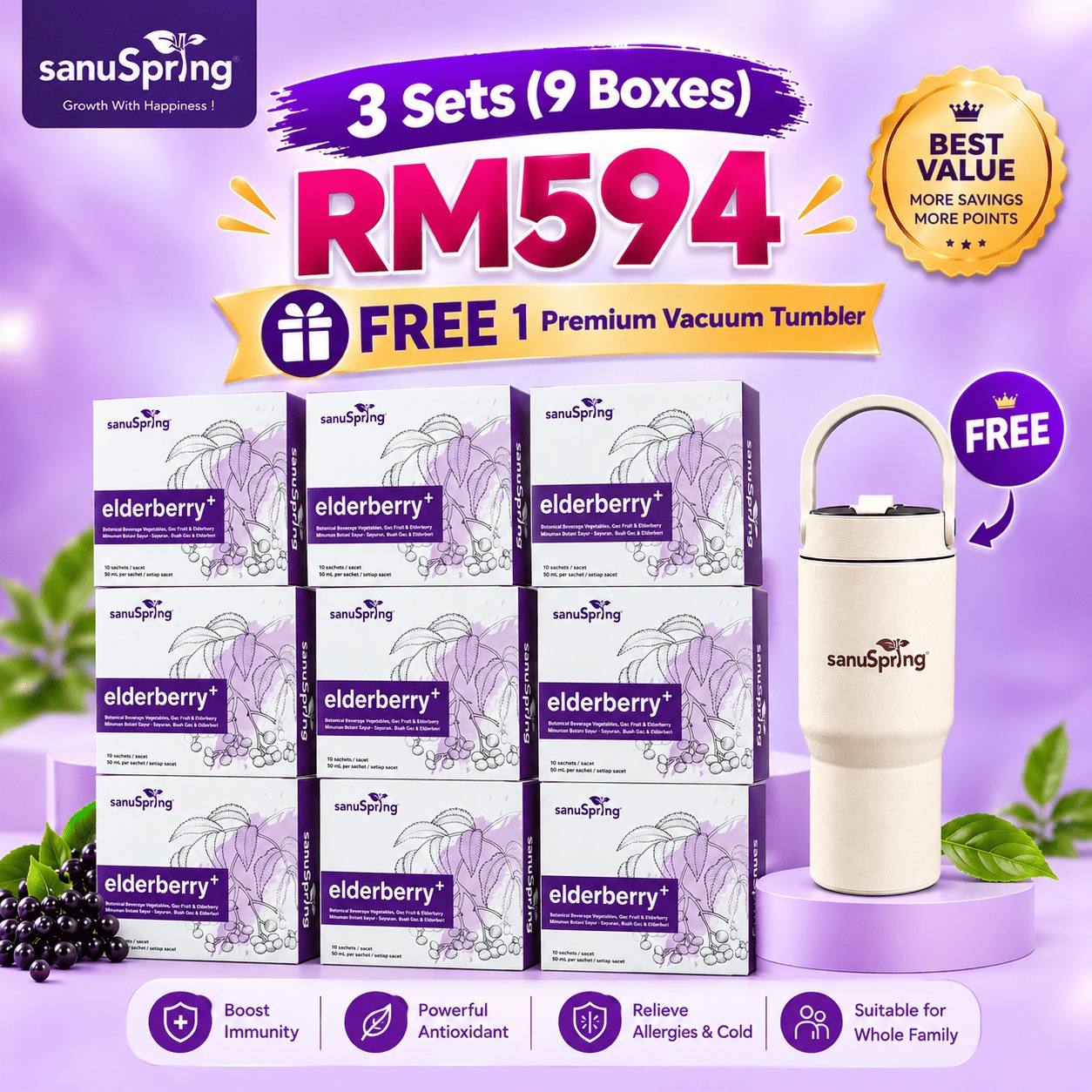 sanuSpring Elderberry+ (3 Unit - 90 Sachets) FREE Premium Vacuum Tumbler (1pcs)